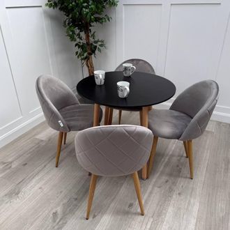 Life Interiors Lucia Dining Set Round Black Table + 4 Velvet Dining Chairs in Grey