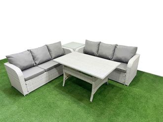 Fimous Outdoor Garden Furniture Sets 6 Seater Wicker Rattan Furniture Sofa Sets w/ Rectangular Dining Table high Back Lounge Sofa Side Table Light