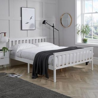 Home Source Industries Home Source - Small Double White Wooden Bed 4ft Solid Pine Furniture High End Slatted Base