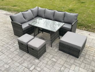 Fimous Wicker Rattan Garden Furniture Corner Sofa Set with Oblong Dining Table 9 Seater Outdoor Rattan Set in Dark Grey