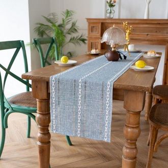 OEM Camino De Mesa R&uacute;stico De Algod&oacute;n Y Lino, Decoraci&oacute;n Hueca Bordada De Temporada Para Mesa De Comedor O Cocina, Color Gris Azulado, 35 X 180 Cm