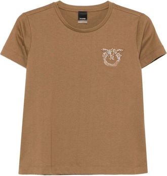 Pinko Cropped Brown Cotton T-Shirt With Decorative Emblem