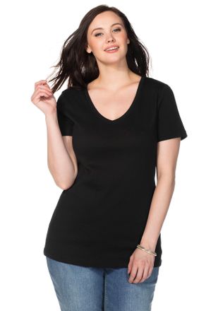 Sheego T-Shirt SHEEGO T-Shirt, Damen, Gr. 44/46, schwarz, 100% Baumwolle, unifarben, V-Ausschnitt, Shirts T-Shirt