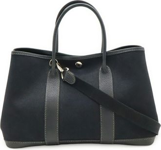 Herm&egrave;s Garden Black Toile Officier Leather Handbag Shoulder Bag Tote Bag (Pre-Owned)
