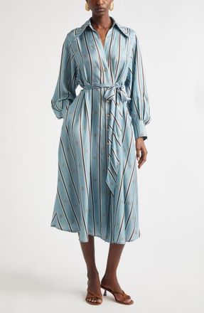 Zimmermann Emblem Tuck Long Sleeve Belted Midi Silk Shirtdress in Blue Emblem at Nordstrom, Size 1
