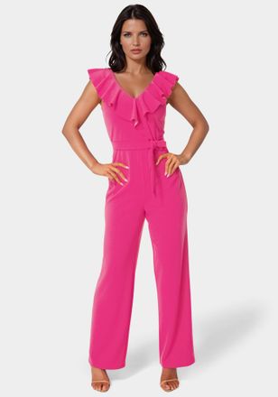 Bebe V-neck Ruffle Scuba Crepe Jumpsuit