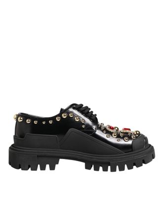 Dolce & Gabbana Black Leather Jeweled Crystals Derby Womens Shoes