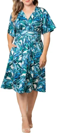 Kiyonna Gia Floral Midi Dress in Teal Palm Print at Nordstrom, Size 3X