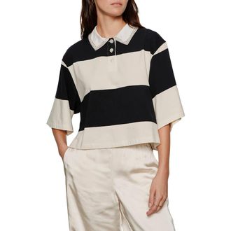 Sanctuary Embellished Polo Top in Collagen White/Black Stripe at Nordstrom, Size X-Small