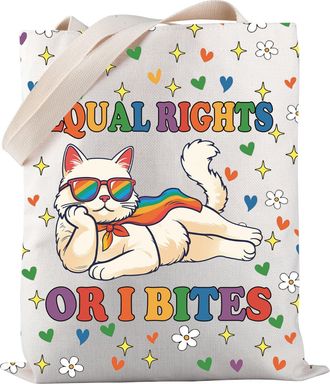 Generic Feminist Cat Tote Bag Equal Rights Or I Bites Tote Bag Equal Rights Tote Bag LGBTQ Pride Month Gift (Rights Or I Bites TOTE)