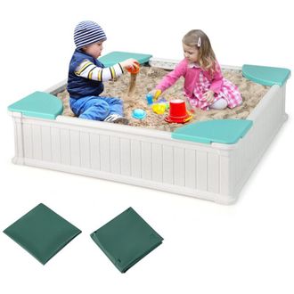 Costway HDPE per bambini Sabbiera con 4 posti angolari, sabbiera per esterni con coperchio e rivestimento in tessuto Oxford, portata 50 kg, per 3+ anni