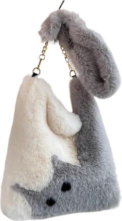 Generic Womens Plush Bags Cute Cat Pattern Shoulder Bag, Autumn Winter Plush Tote, Cartoon Color Contrast Large Capacity Diagonal Handbag(Grey)