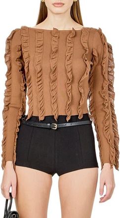 endless rose Ruffle Rib Knit Top in Mocha Mousse at Nordstrom, Size X-Small