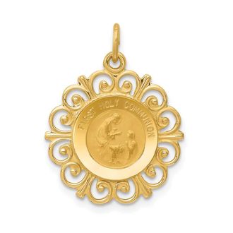 Diamond2Deal 14k Yellow Gold and Satin Solid FIRST HOLY COMMUNION Medal Scalloped Edge Charm Pendant