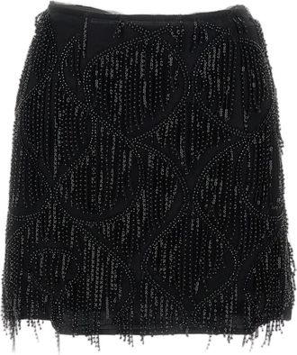 Rotate Textured Mini Skirt With Beaded Fringe And Side Zip Closure