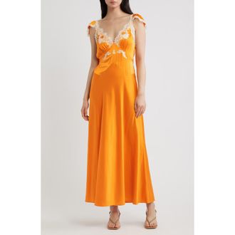 D&ocirc;en Fiona Lace Trim Silk Blend Maxi Dress in Tangerine at Nordstrom, Size Medium