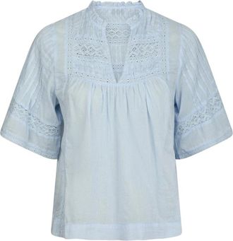 Neo Noir Lichtblauwe Blouse met Ruches - Dames - Blouses - Blauw - XS - Katoen - Overhemden