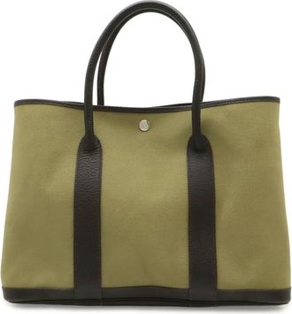 Herm&egrave;s Garden Dark Brown Khaki Canvas Leather Handbag Tote Bag (Pre-Owned)