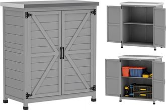 OUTSUNNY Armario De Exterior De Madera, Caseta De Jard&iacute;n Exterior Con Techo De Acero Galvanizado, Estante, 2 Puertas Para Almacenamiento Herramientas