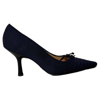 Chanel Pre-owned Womens Bow Detail CC Pumps in Navy Blue Cotton - Size 35.5 EU/IT