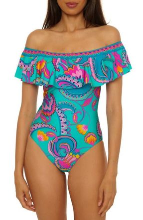 Trina Turk Mykonos Ruffle Off the Shoulder One-Piece Swimsuit in Multi at Nordstrom, Size 6