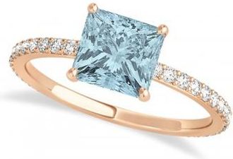 Allurez Princess Aquamarine & Diamond Hidden Halo Engagement Ring 14k Rose Gold (0.89ct)