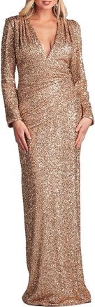 Tadashi Shoji Sequin Ruched Long Sleeve Gown in Copper at Nordstrom, Size X-Large