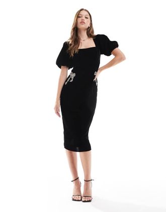 Hope & Ivy square neck velvet midi dress with embellished bows in black