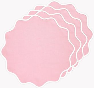 Solino Home Linen Placemats Set of 4, 16 Inch Round for Dining Table, Holiday and Everyday Table Decor - Giselle Scallop Edge in White And Pink