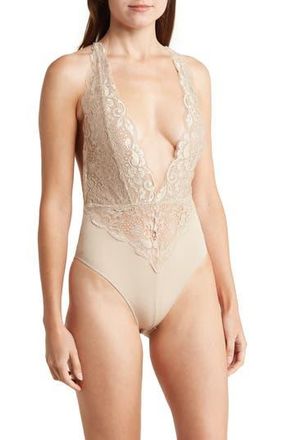 Wishlist Plunge Neck Lace Bodysuit in Beige at Nordstrom Rack, Size Medium