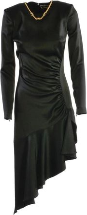 Elisabetta Franchi Zwarte satijnen jurk met gouden accessoire - Dames - Feestkleedjes - Zwart - XS - Satijn - Kleedjes