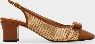 Ferragamo 55mm Vetty Raffia and Leather Slingback Pumps