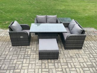 Fimous Wicker PE Rattan Furniture Garden Dining Set With Reclining Chair Side Tables Big Footstool