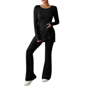 Generic Two-Piece Womens Knitted Suit, Long Sleeve, Ribbed Lounge Set, Leisure Outfit, Knitted Jumper + Long Flared Trousers, Sports Suit, black, XL