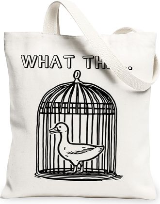 Generic Quirky Duck Canvas Tote Bags, Minimalistic Birdcage Design Reusable Grocery Bags, Lightweight Washable Shoulder Strap, White, 13x15 Inch