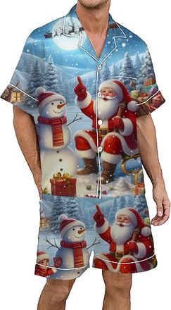Generic Mens Christmas Printed Silk Satin Pajama Set Short Sleeve Button Up Wear Comfortable Holiday Nightwear for Festive Season (Blue, XL)
