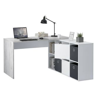 Dmora Escritorio Reversible Con Librer&iacute;a De Seis Compartimentos, Color Blanco Y Concreto, 136 X 74 X 139 Cm., Con Embalaje Reforzado - Dmora