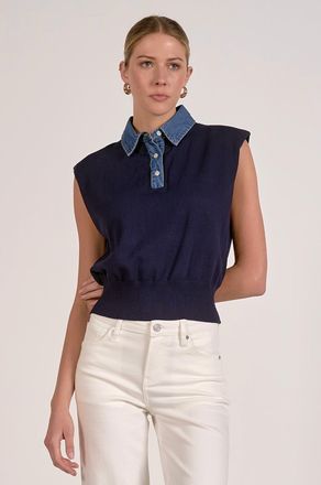Elan Cap Sleeve Mixed Media Top In Navy