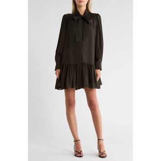 SIMKHAI Quince Tie Neck Long Sleeve Silk Minidress in Moss at Nordstrom Rack, Size Medium