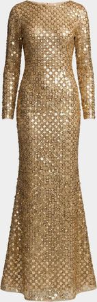 Mac Duggal Checker-Beaded Long-Sleeve Column Gown