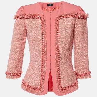 Elisabetta Franchi Pink Tweed And Crepe Chain Detail Jacket