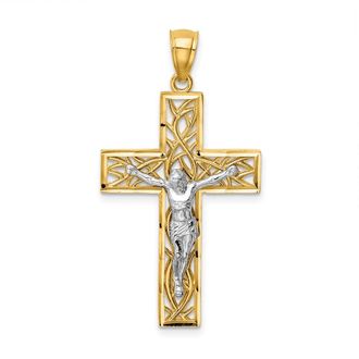 Diamond2Deal 14k Two-tone Gold Satin Polished Diamond-Cut Crucifix Vines Pendant