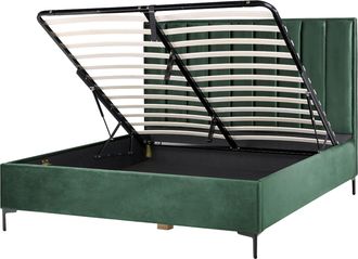 Beliani Cama Con Almacenaje Cabecero Acolchado Patas Negras Metal Terciopelo Verde Oscuro 180 X 200 Cm Sezanne