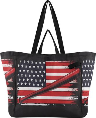 Generic Flag Baseball Bat Black pattern Reusable Canvas Tote Bag, Heavy Duty Grocery Shopping Bag with Large Capacity Double Handles Hard Bottom Work Grocerie