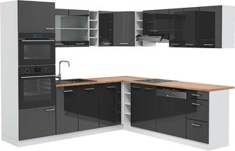 Vicco Cocina Esquinera R-line, Antracita Brillo Intenso/blanco, 237 X 247 Cm, Et Roble