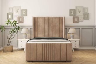 Sloomy Hargrave Naples Frame-Mattress-50 Upholstered Wingback Headboard in Light Brown | Size: King