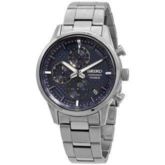 Seiko Chronograph Quartz Blue Dial Grey Titanium Mens Watch SSB387