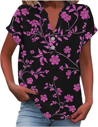 Generic Summer Tops for Women UK Button Up Short Sleeve V Neck Tops Dressy Casual Hawaiian Shirts Cotton Linen Workout Holiday Tunic Blouses Loose Floral Boho