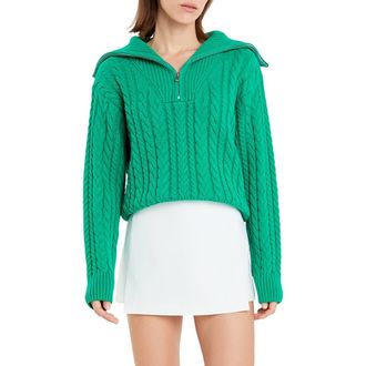 English Factory Quarter Zip Cable Knit Cotton Sweater in Green at Nordstrom, Size Small