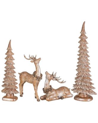 Glitzhome Handmade Set Of 4 Christmas Reindeer With Tree Table Decor
